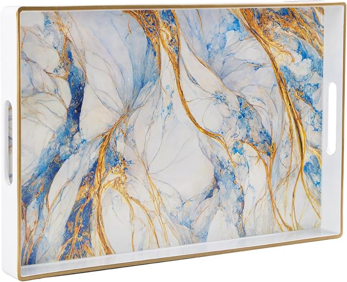 MAONAME Rectangular Decorative Tray, Modern White Serving Tray with Handles, Marbling Plastic Trays for Ottoman, Coffee Table Trays for Living Room, Home Decor, 15.8" x 11.8" x 1.6"