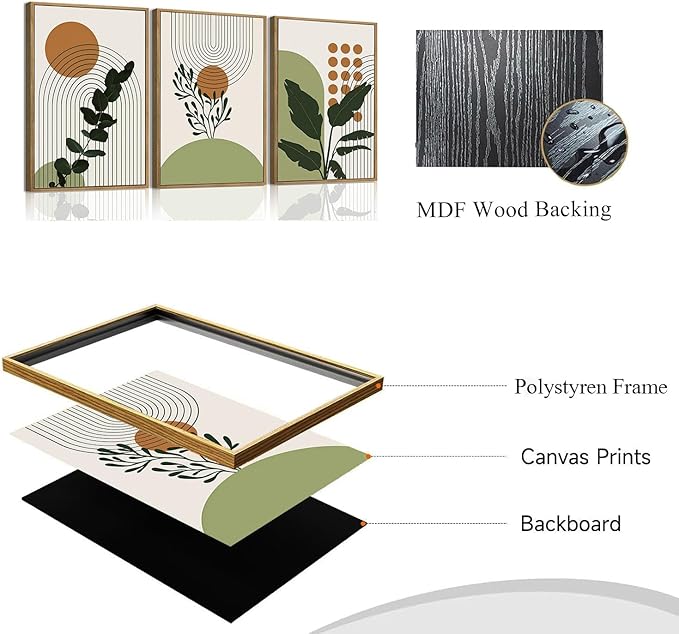Bwodke Boho Wall Art, Framed Abstract Wall Art, Botanical Canvas Wall Decor, Mid Century Plant Leaf Geometric Pictures Set of 3, Minimalist Paintings, for Bedroom Living Room Bathroom 12"x16"