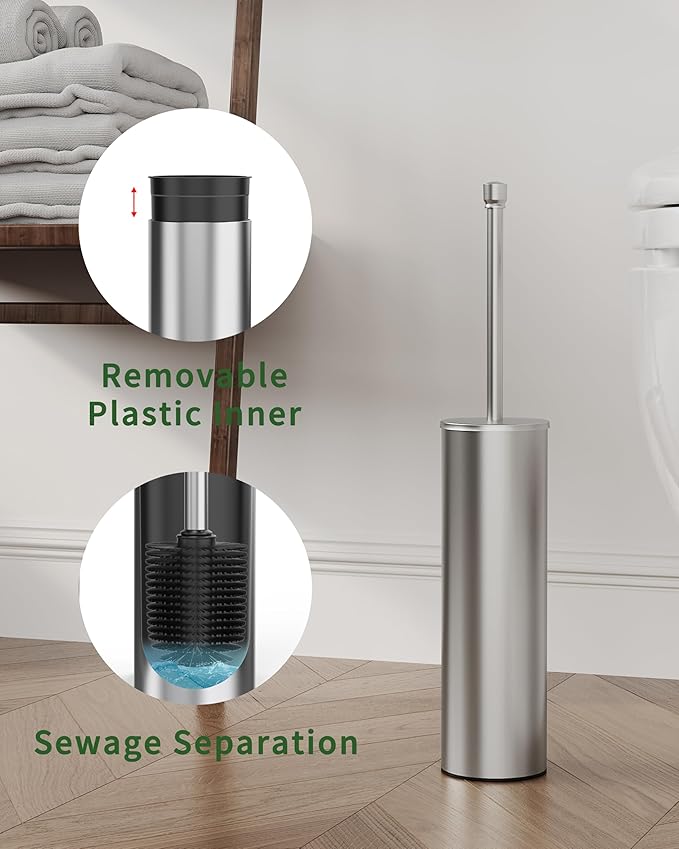 Toilet Brush and Holder Set, Toilet Bowl Brush for Bathroom with Long Handle, Stainless Steel Toilet Cleaner Brush with Durable Scrubbing Bristles,Splash-Proof (Brushed Nickel)