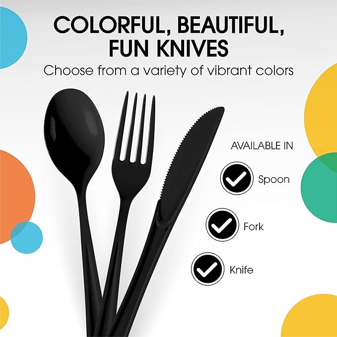 Party Solids Black Plastic Knives 200 Pcs Black Knives Disposable Utensils Heavy Duty Plastic Cutlery Set Disposable Cutlery Sets Flatware Sets Silverware Set Party Supplies & Party Tableware