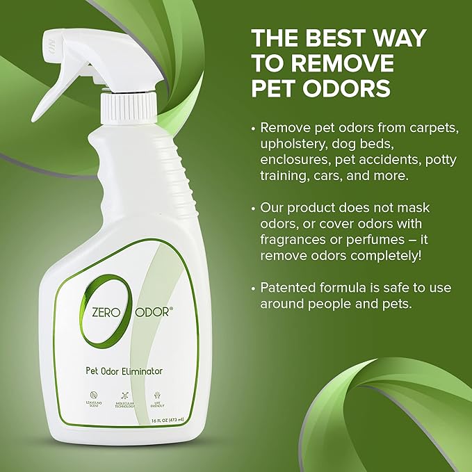 Zero Odor - Pet Odor Eliminator for Strong Odor, Eliminate Air & Surface Odors – Patented Molecular Technology Best For Carpet, Furniture, Beds Smell Great Again (Over 400 Sprays Per Bottle)