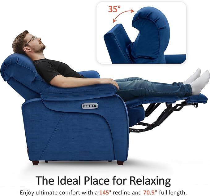 MCombo Zero Wall Recliner Loveseat, Power Recliner Loveseat with Adjustable Headrest, USB A & C Charge Ports, Wood Legs, for Living Room, RVs, Small Spaces (Fabric, ST258M1, Navy Blue)