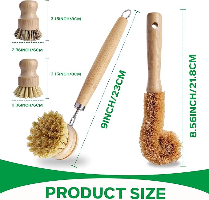 Bamboo Dish Brush Set - 5 Packs Natural Wooden Kitchen Brush, 4 Dish Scrubbers with One Replacement Head, Cleaning for Pots, Bottles and Vegetables