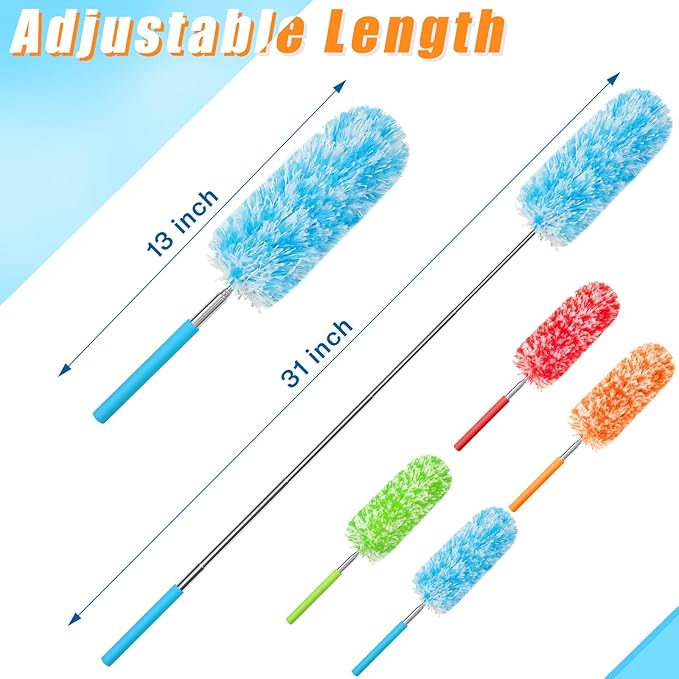 Tanlade 8 Pcs Microfiber Feather Duster for Cleaning 13-31 Inch Extendable Cobweb Dusters Ceiling Fan Duster Washable Bendable Tool for Office Car Window Furniture (Bright Color)