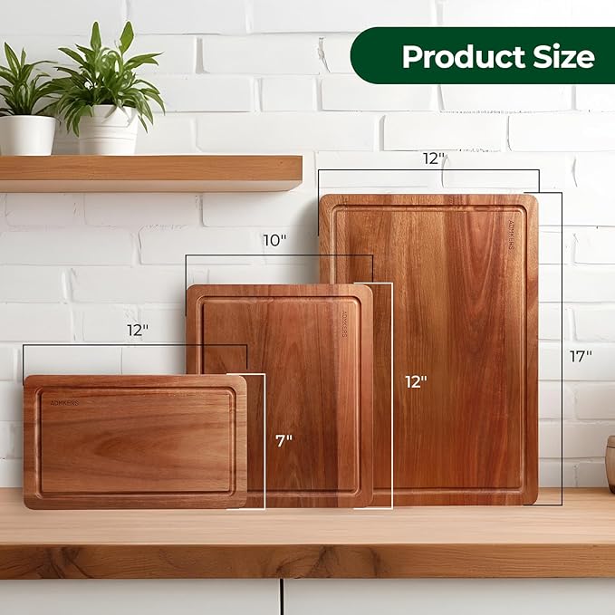 Wood Cutting Board, Acacia Cutting Boards for Kitchen, Set of 3, Solid Charcuterie Board with Juice Groove, Large Wooden Chopping Board for Meat, Cheese, Fruit, Vegetables (17x12, 12x10, 12x7 inch)