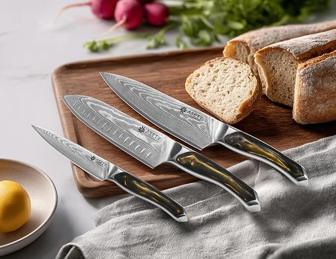 Damascus Knife Set 3 PCS: Ultra-Sharp Professional Chef Knife Set, Japanese Kitchen Knives with VG10 Steel Core, Full Tang Resin Handle, Elegant Box