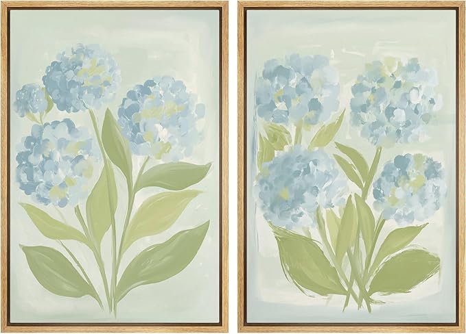 SIGNFORD Framed Canvas Print Wall Art Set Soft Hydrangea Pair Light Blue Florals with Green Leaves Illustration Modern Art Decorative Nature for Living Room, Bedroom, Office - 24"x36"x2 Natural