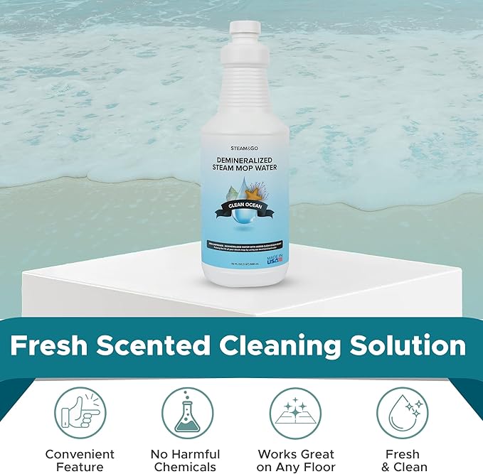 Steam & Go Demineralized Water - Multisurface Cleaner, PVC-Free Ready-to-Use for Mops & Floor Steamers - Ideal for Kitchen, Bathroom, & Home Surfaces - Clean Ocean Scent - 32oz (Pack of 1)
