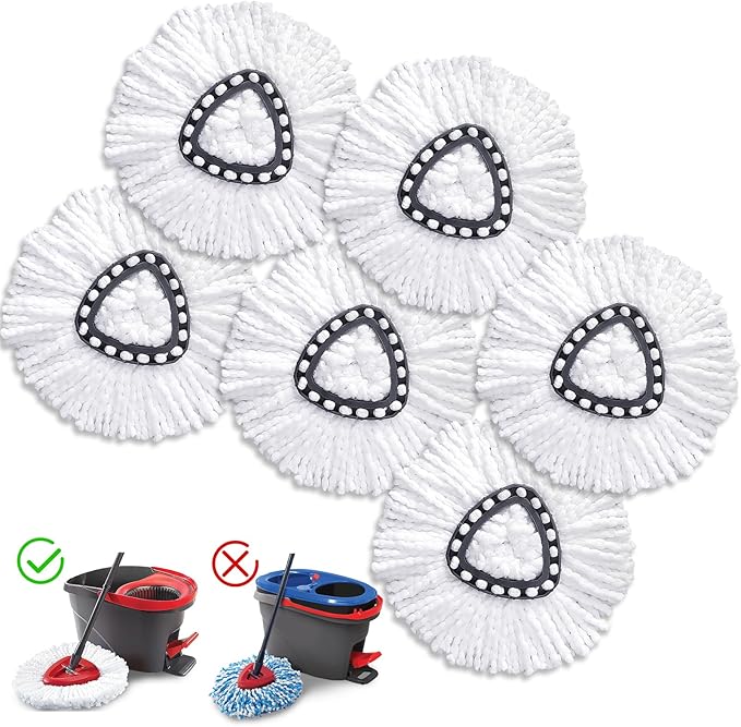 6 Pack Mop Heads Replacements for O-Cedar, Mop Replace Head Refills, Easywring Spin Mop Heads Replacements, Easy-to-Replace, Microfiber, Machine Washable, Easy Cleaning, White