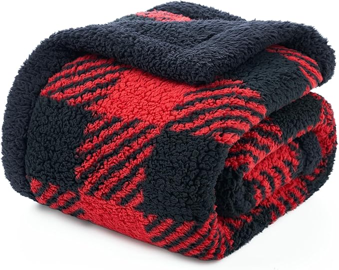 Cozy Bliss Luxury Sherpa Throw Blanket for Couch, Premium Reversible Buffalo Plaid Thick Throw, Warm Cozy Soft Blanket for Home and Gifts (Red/Black Buffalo Check, 50" x 60")
