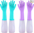 Elgood Reusable Long Sleeve Dishwashing Cleaning Gloves with Latex Free,Cotton Lining,Kitchen Gloves 2 Pairs,Purple+Blue M