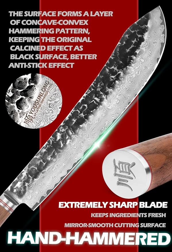 YOUSUNLONG Breaking Knives 12 inch Max Bull Nose Butcher Knife Japanese Hammered Damascus Steel Natural Walnut Wooden Handle