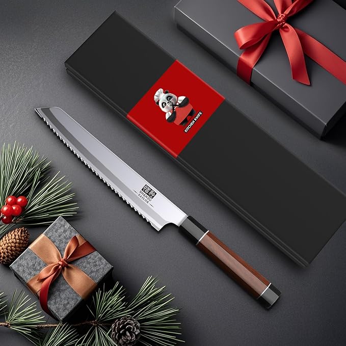 SHAN ZU 8 Inch Japanese Bread Knife, 9 Layers 10Cr15MoV High Carbon Steel Bread Knives for Homemade Bread, Sharp Sourdough Bread Knives with Red Sandalwood Handle, Long Serrated Bread Cutting Knife