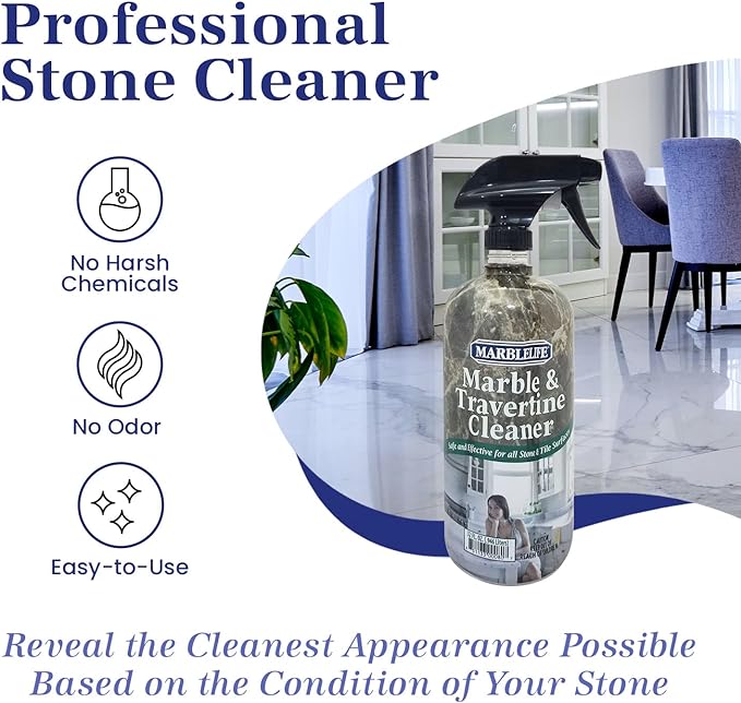 InterCare Marble and Travertine, Natural Stone & Terrazzo Liquid Cleaner, Shower & Tile Surface Care, Floor, Walls & Countertop Cleaner and Degreaser, 32 oz