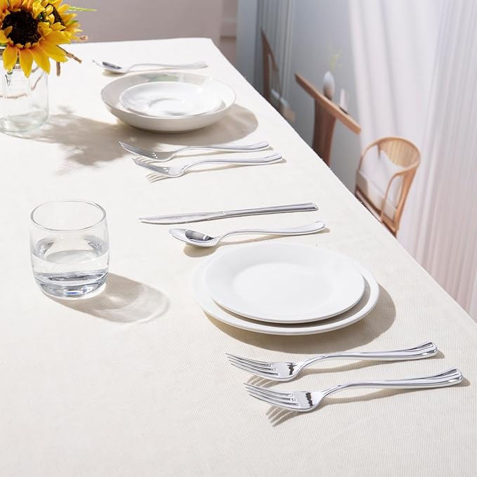 144 Pack Silver Premium Plastic Cutlery Disposable Silverware Set - 48 Forks, 48 Knives, 48 Spoons - For Catering, Parties, Dinners, Weddings, and Everyday Use, Plastic box packaging