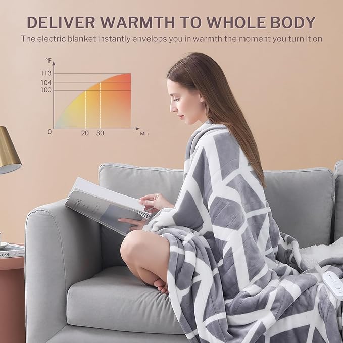 VENTIMI Electric Blanket Heated Throw, 72" x 84" Heated Blanket with 9 Heat Levels & 2 to 10 Hours Auto Off, Fast Heating Blankets with ETL & FCC Certification, Grey