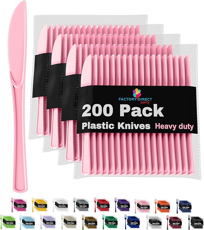 Party Solids Pink Plastic Knives 200 Pieces Pink Knives Disposable Utensils Heavy Duty Plastic Cutlery Set Disposable Cutlery Sets Flatware Sets Silverware Set Party Supplies & Party Tableware