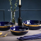 Stone Lain Florian Porcelain 3-Piece Round Shallow Bowl Service Set, Black with Gold Rim