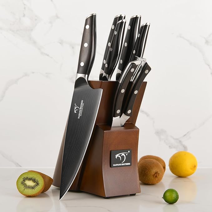 7-Piece Damascus Knife Set with Wood Block - Black Titanium Coated Kitchen Knives for Professional Chefs & Home Cooking | Ultra Sharp Chef Knife Set with Kitchen Shears