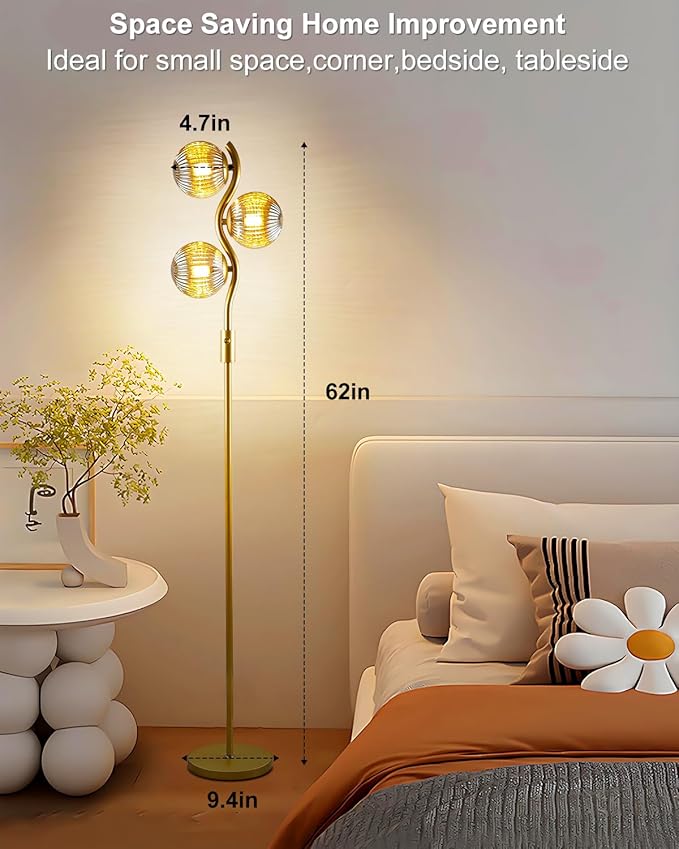 Lightdot 60IN Dimmable Gold Floor Lamp with 3 Glass Globe Mid Century Standing Lamps with 3Pcs 3000K Soft Warm White G9 Bulbs Stepless Brightness Adjustable Modern Tall Lamp for Bedroom Office