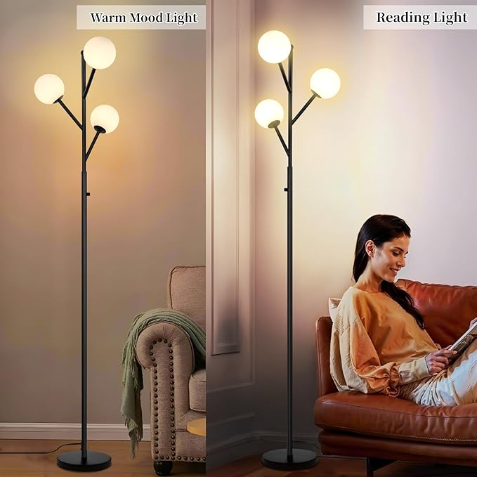 3-Globe Mid Century Black Tree Floor Lamp and Bulbs Included,70in Tall Modern Stepless Dimmable Standing Lamp with Frosted Glass Shade for Living Room Office Bedroom, Study Room(dimmer-Black)