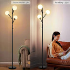 3-Globe Mid Century Black Tree Floor Lamp and Bulbs Included,70in Tall Modern Stepless Dimmable Standing Lamp with Frosted Glass Shade for Living Room Office Bedroom, Study Room(dimmer-Black)