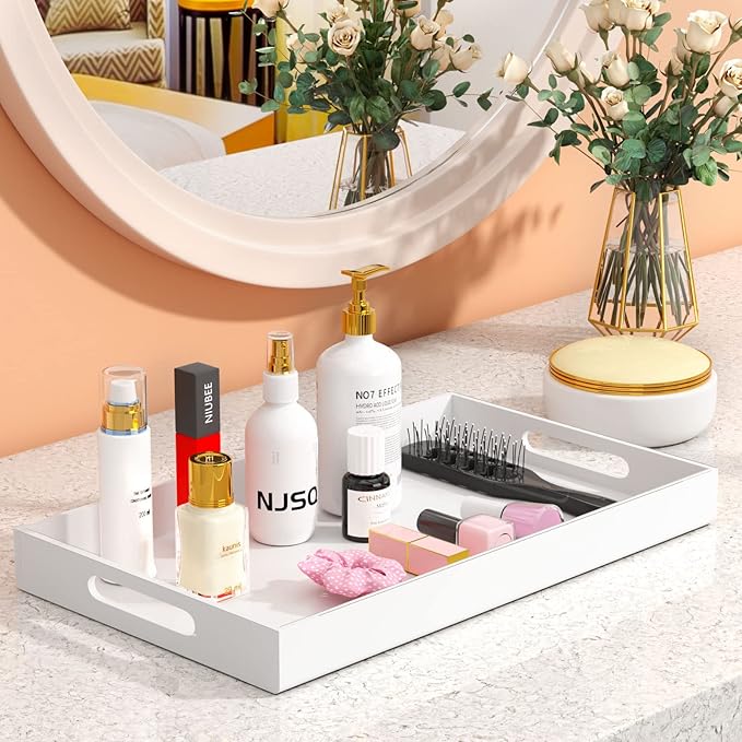 NIUBEE Acrylic Serving Tray 12x20 Inches -Spill Proof- White Decorative Tray Organiser for Ottoman Coffee Table Countertop with Handles
