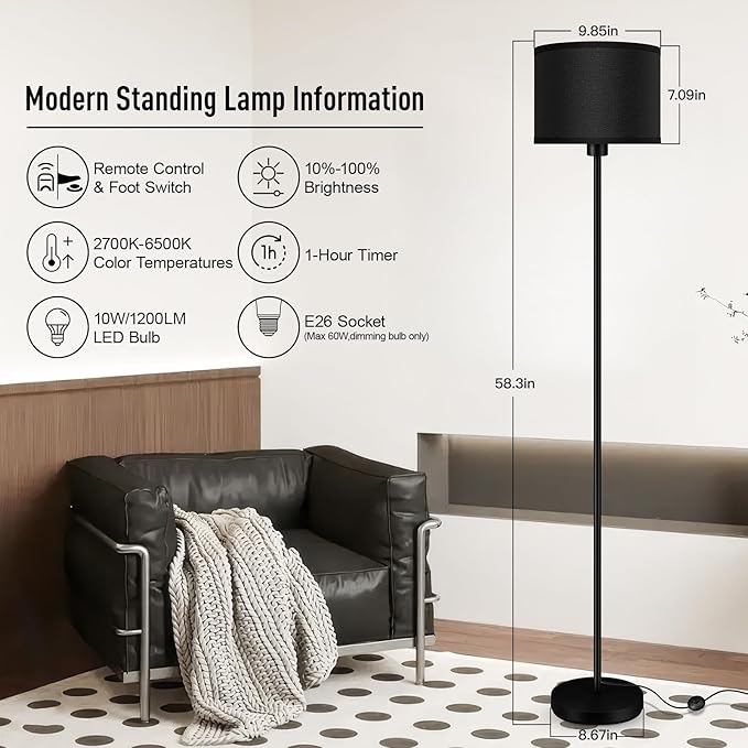 Floor Lamps for Living Room, Stepless Dimmable Floor Lamp with Remote, 2700K-6500K Colors Temperature & Brightness Adjustable,10W/1200LM Black LED Floor Lamp,Modern Standing Lamp for Bedroom/Office