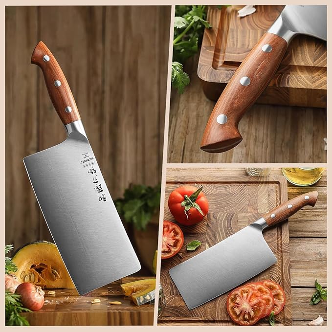 HEZHEN Cleaver Knife 7.1 inch, German 1.4116 Steel & Ergonomic Red Wood Handle, Sharp Meat Cleaver for Meat Cutting Vegetable Slicing