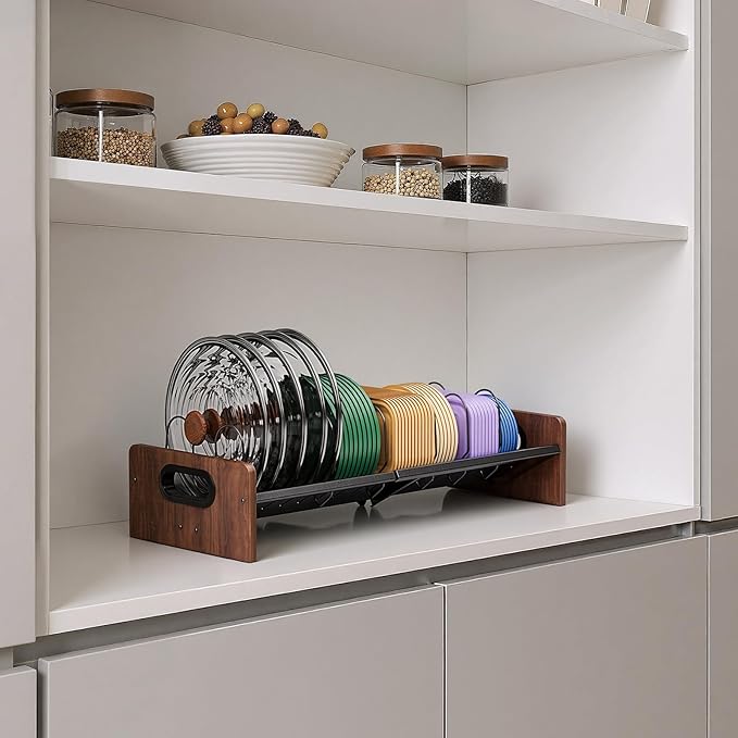 Expandable Food Container Lid Holder Organizer, Adjustable 13.97-22 Inch V-Shaped Kitchen Cabinet Storage Rack with 20 Slots & 6 Adjustable Dividers for Lids, Cutting Boards, Baking Pans