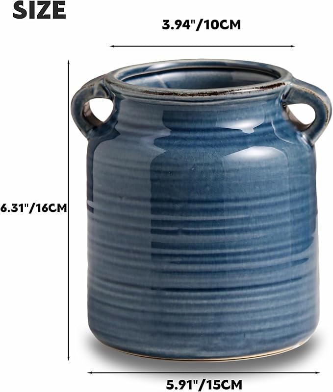 Ceramic Rustic Distressed Blue Flower Vase for Centerpieces, Kitchen, Office or Living Room (5.9''x6.3'')