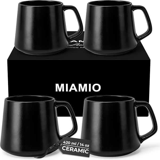 MIAMIO - Coffee Mugs Set of 4 / Large Ceramic Coffee Cups (14 oz) - Mug for Cappuccino, Tea, Espresso - Microwave and Dishwasher Safe - Luxe Collection (Black Series)