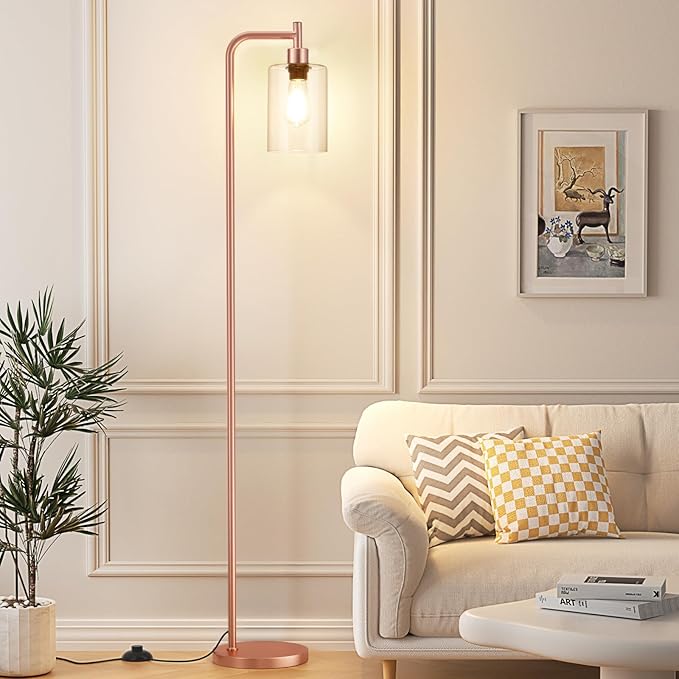 Floor Lamp with Clear Glass Shade - Industrial Standing Lamp with LED Bulb, Modern Tall Floor Lamps for Living Room Bedroom Office - Pink