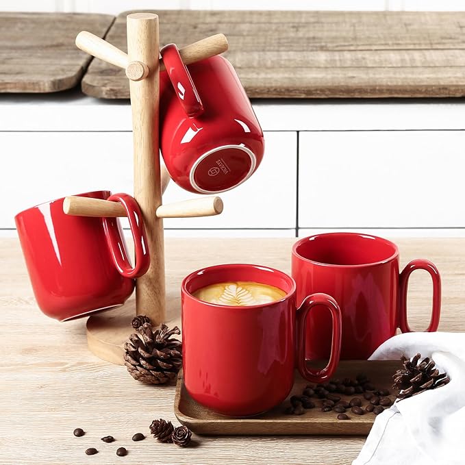 vicrays Ceramic Coffee Mug Set - 18 Ounce Large Stoneware Mug for Men Women - Unique Glazed Porcelain Mugs with Handle for Coffee Latte Tea Milk Cocoa - Set of 4 (Red)