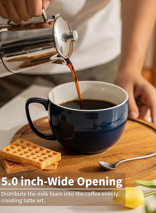 Teocera Porcelain Coffee Mugs, Soup Mugs Bowls with Handle, 24 oz Latte Mugs Set of 4 - Striped Design, Navy