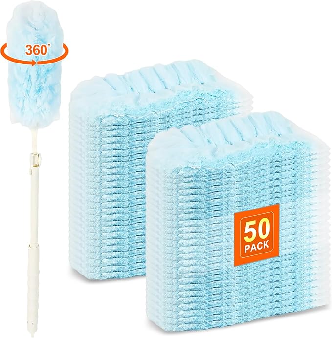 50 Count Heavy Duty Duster Refills for Swiffer Duster, Multisurface 360 Dusters Replacements with 3 ft Extended Handle, Unscented Disposable Dusters for Cleaning Home, Blinds, Ceiling Fans, Furniture