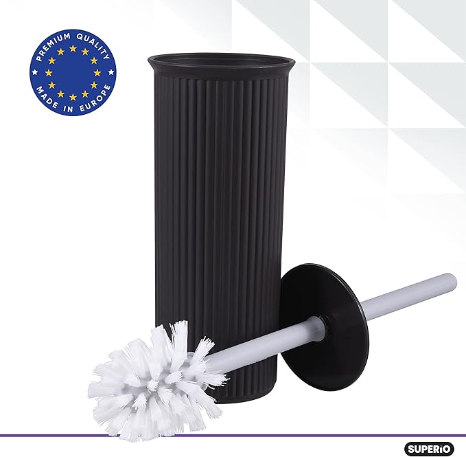 Superio Ribbed Collection - Decorative Plastic Toilet Bowl Brush and Holder Set, Brown (1 Pack) Cleaner Scrubber for Bathroom