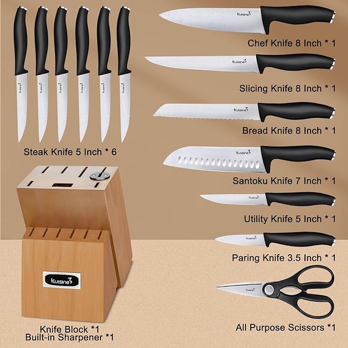 Kuisine Chef Knife Set,High Carbon Stainless Steel Ultra Sharp Blade Ergonomic Handle,Kitchen Knife Block Set with Built-in Sharpener, Elegant Gift for Holiday(Acacia,15PCS)