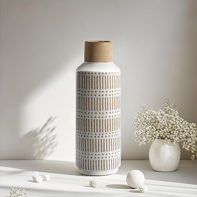 Rustic Ceramic Vase for Living Room Bedroom 11.02'' Farmhouse White Flower Vases for Bouquet Fake Plant Home Decor Office Table Shelf Fireplace Centerpieces Retro Vintage Classic Modern