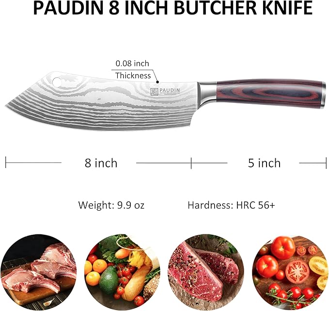 PAUDIN Meat Cleaver 8 Inch Butcher Knife, High Carbon Stainless Steel Cleaver Chef Knife, Sharp Kitchen Knife Heavy Duty Meat Cutting Knife, Wood Handle