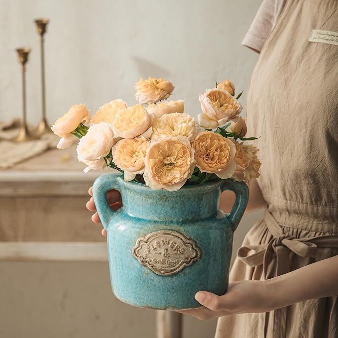 Blue Rustic Ceramic Vase, 5.8 Inch Distressed Wide Mouth Vase with Ice Cracked Glazed, Farmhouse Vintage Flower Vases for Home Office Decor Living Room Bedroom Table Centerpiece Decorations