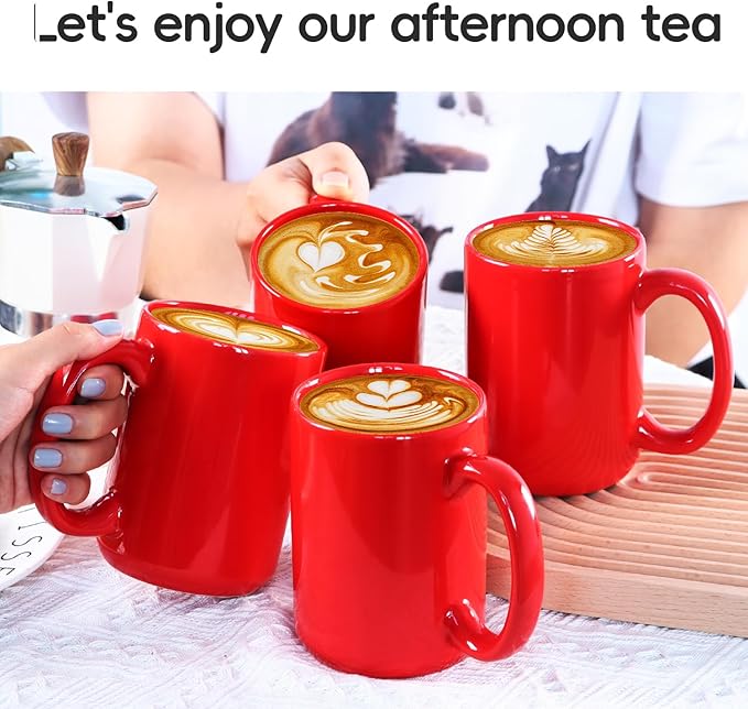 Smilatte 16 OZ Porcelain Coffee Mugs, Classic Blank Ceramic Cup with Large Handle for Tea Latte Cappuccino, Set of 4, Red