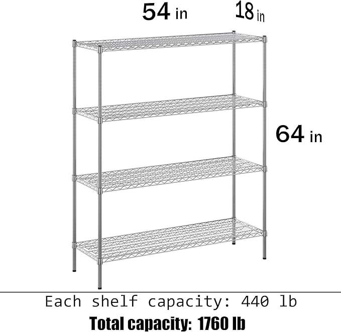 18" Deep x 54" Wide x 64" Height Wire Shelving Kit | 4-Tier | NSF Commercial Storage Rack Unit