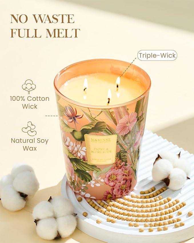 M&SENSE Large Soy Scented Candles Peony & Blush Sude, Non Toxic Natural Spring Candles 35oz 150 Hours Long Lasting Slow Burning, Unique Candle Gifts Cozy Room Decor for Women Men