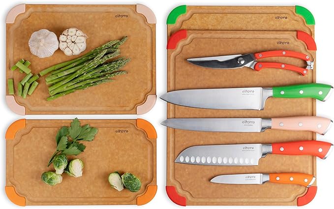 Elihome Cutting Wise 9pcs Cutting Board & Kitchen Knife Set, Color-Code Cutting Board Set with Food Icons, Non-Slip Feet, Juice Grooves, Dishwasher Safe (5PCS Knife Set + 4PCS Cutting Board Set)