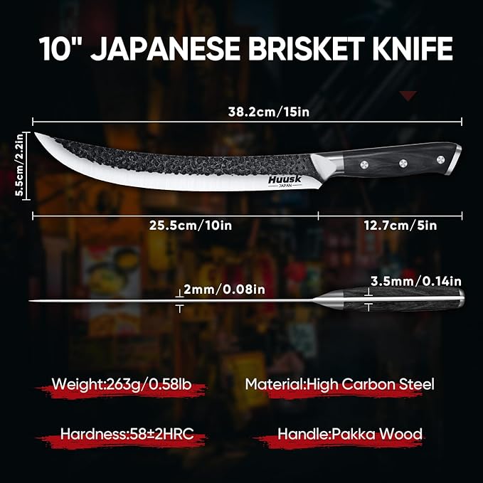 Huusk Butcher Knife for Meat Cutting, 10 Inch Brisket Knife, Multifunction Carving Knives with Wood Handle, Japanese Slicing Knives for Meat Cutting, BBQ, Turkey, Ideal for Gift