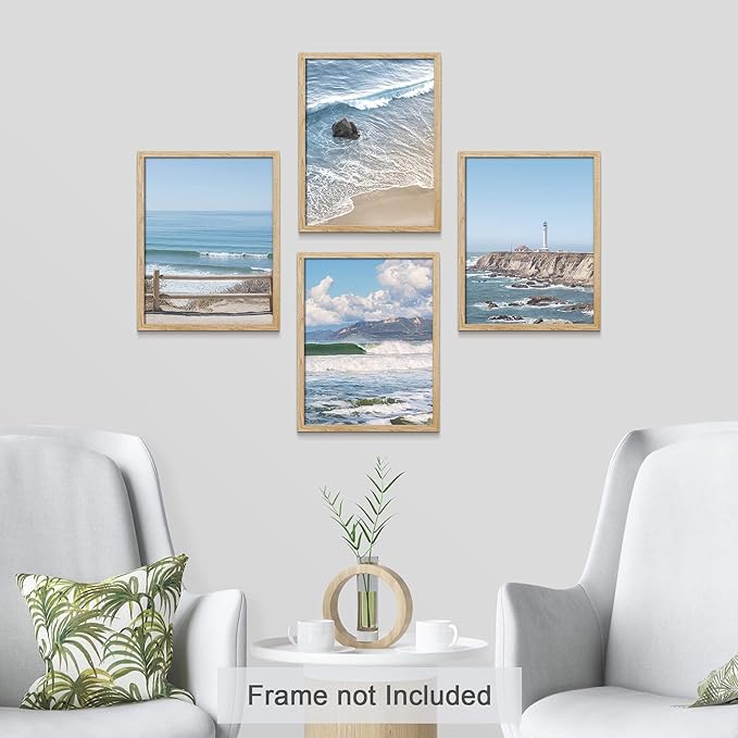 SIGNWIN Poster Bathroom Decor, Wall Art Room Decor Multicolor for Living Room, Bedroom, Office White Aerial View Blue Ocean Wave Beach Shore Nature Wilderness Realism Decorative Landscape - 12"x16"x4