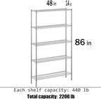 14" Deep x 48" Wide x 86" Height Wire Shelving Kit | 5-Tier | NSF Commercial Storage Rack Unit