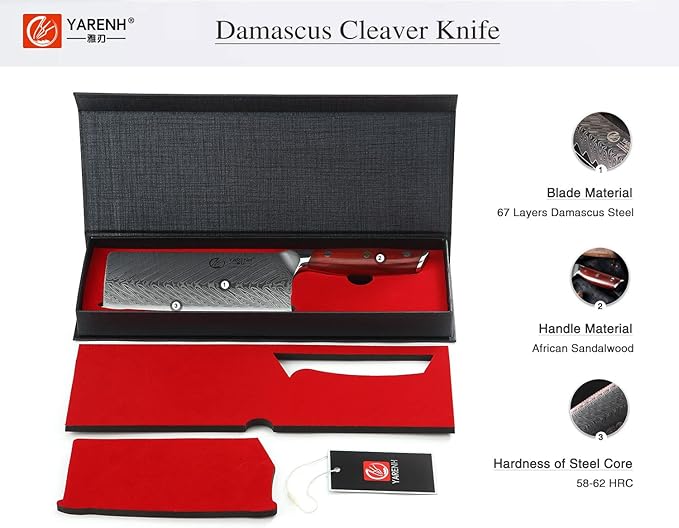 YARENH Chinese Cleaver Knife 7 Inch - Damascus Chef Knife for Kitchen, 67 Layers High Carbon Stainless Steel, African Sandalwood Handle, Sharp, Durable, Rust Resistant, Gift Box