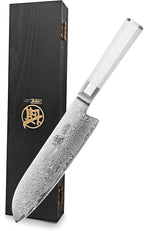 MITSUMOTO SAKARI Japanese Santoku Chef Knife, 8 Inch Kitchen Knife - Razor Sharp VG-Pro Steel Core, Precision Cutting for Meat & Veggies, Comfort Grip Ergonomic G10 Handle